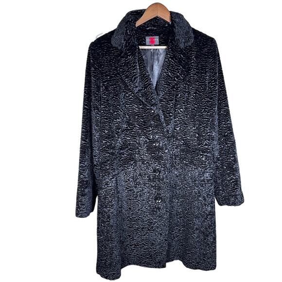 Gallery Black Faux Fur Coat XL Crinkle Texture Holiday Glam Look - Picture 2 of 7